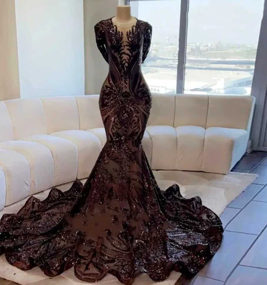 2023 Prom Dresses For Black Girls Sparkly Sequins Sheer Neck Long ...