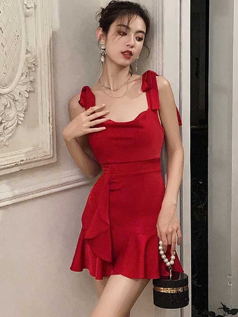 2023 Red Chic Ruffled Bow Sling Sexy Mini Dress Women Satin Luxury ...