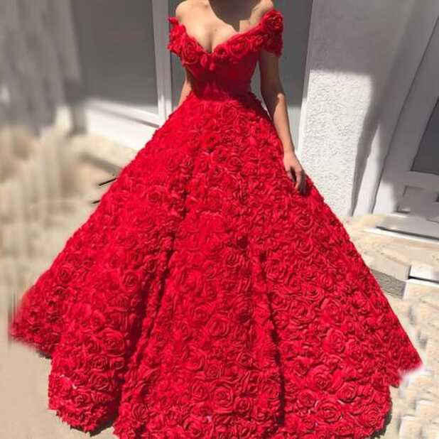 2023 Red Evening Dresses Long Luxury V Neck Off The Shoulder Puffy ...