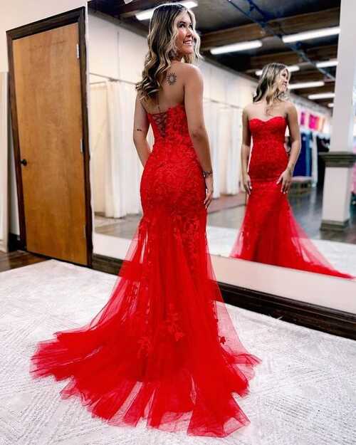 2023 Red Mermaid Lace Prom Dresses Homecoming Dresses DT1599 ...