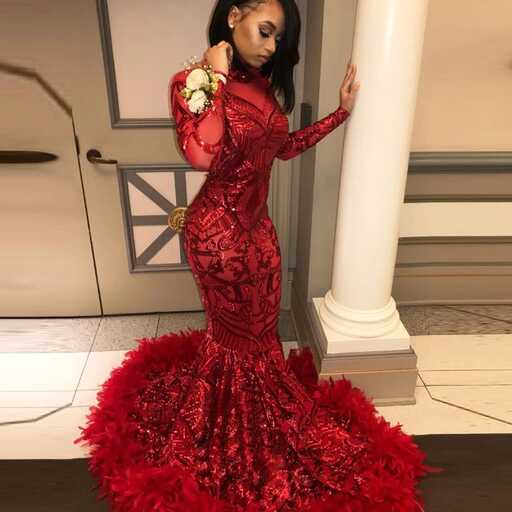 2023 Red Prom Dresses Dance Ball Gowns Long Sleeve Mermaid Feather ...