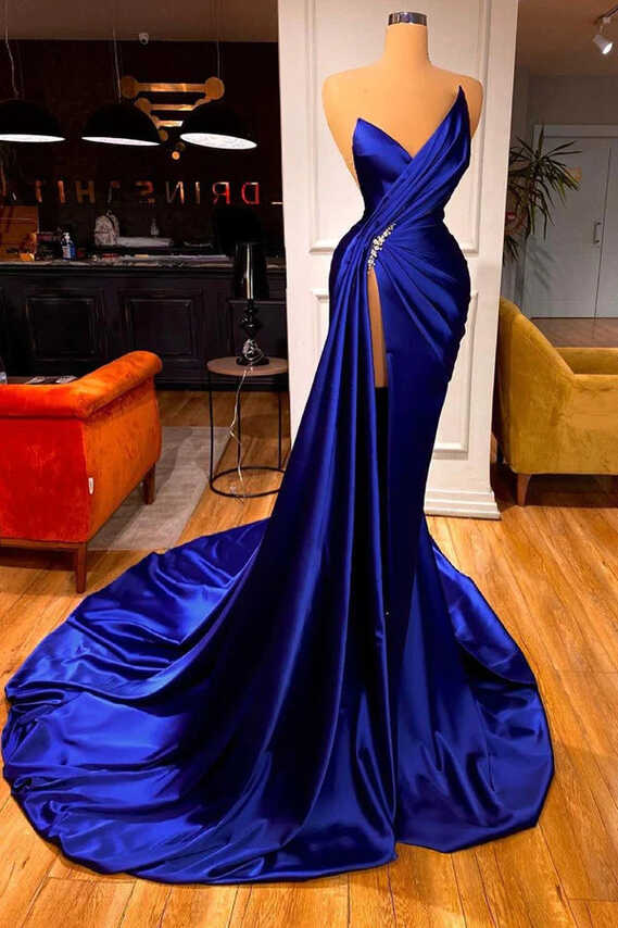 2023 Royal Blue Satin Beading Ruched Prom Dress With Slit ...