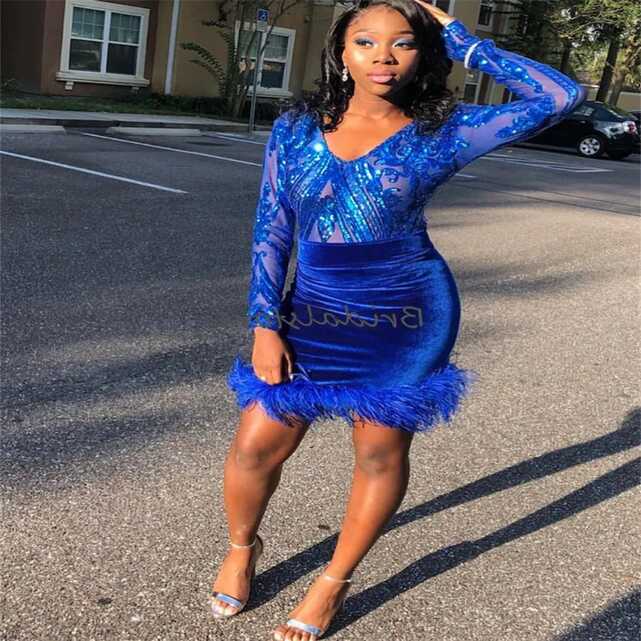 2023 Royal Blue Sequin Short Prom Dress With Feather, V Neck Sheah ...