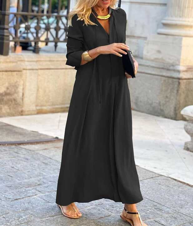 2023 Spring Cotton Women&#39;s Long Dress Black Long Sleeve Casual ...