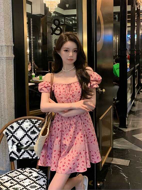 2023 Summer Pink Floral Midi Dress Women Causal Slim Evening Party ...