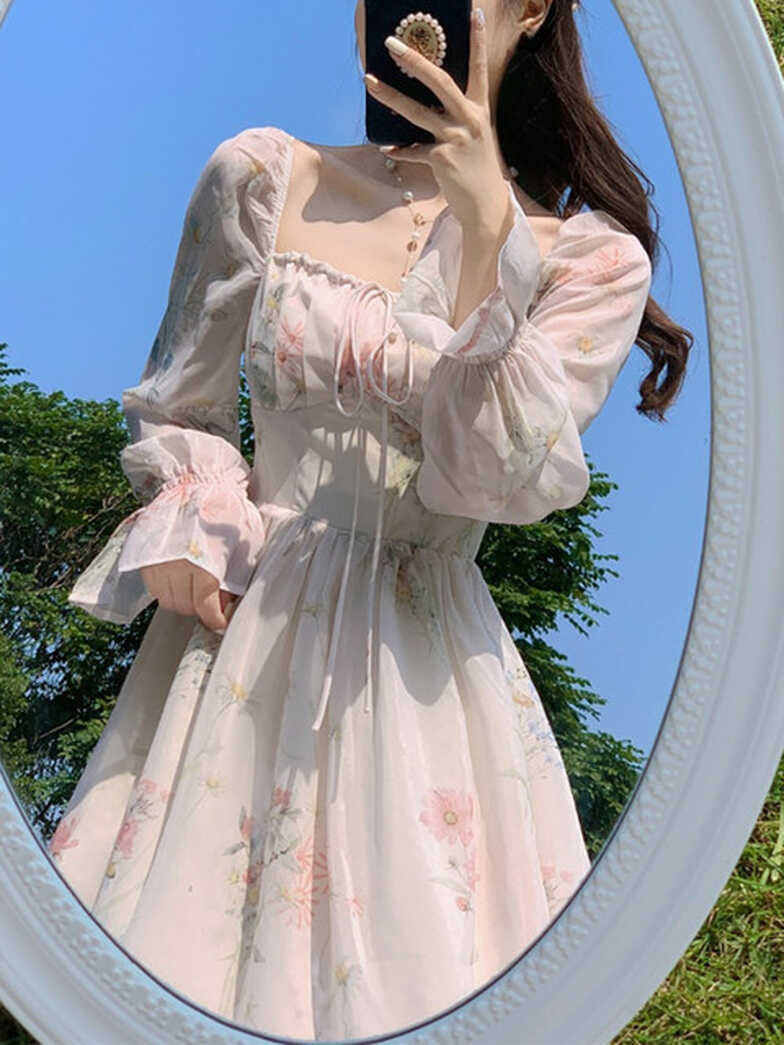 2023 Summer Vintage Floral Dress Women Long Sleeve Sweet Elegant ...