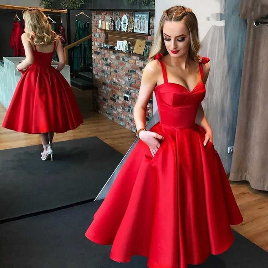 2023 Tea Length Red Satin Red Satin Prom Dress With Pocket ...