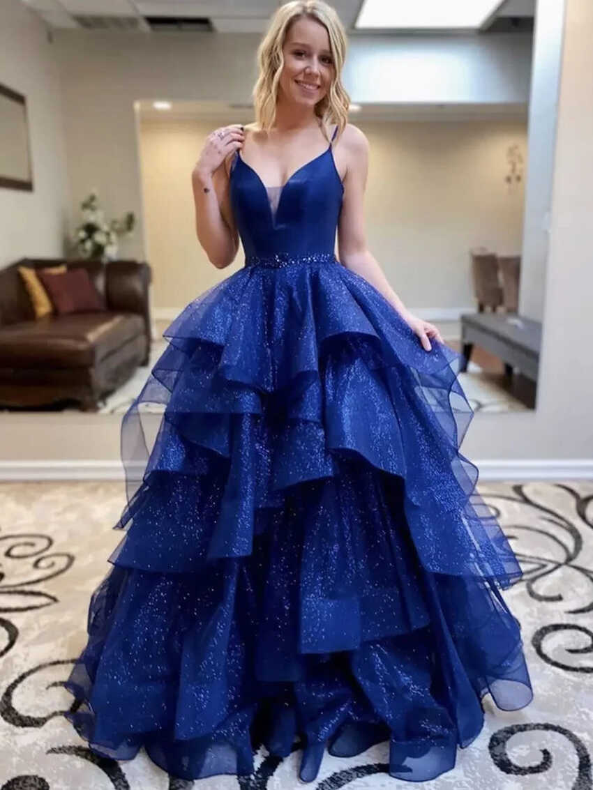 2023 V Neck Royal Blue Backless Ruffles Long Prom Dress With Belt ...