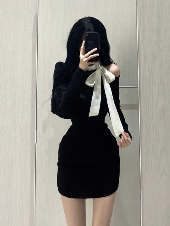 2023 Winter Sexy Slim Bodycon Y2k Mini Dress Woman Black Elegant ...