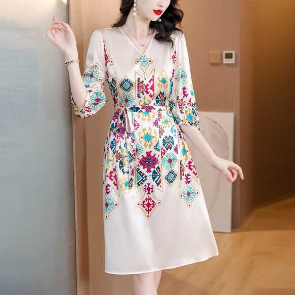 2023 Women&#39;s Dress French V-neck Flower Print Short Sleeve A ...