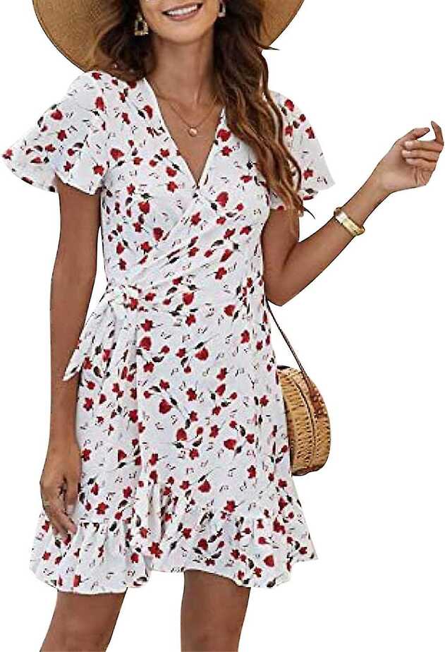 2023 Womens Summer Floral Mini Wrap Dress Short Sleeve Homecoming ...