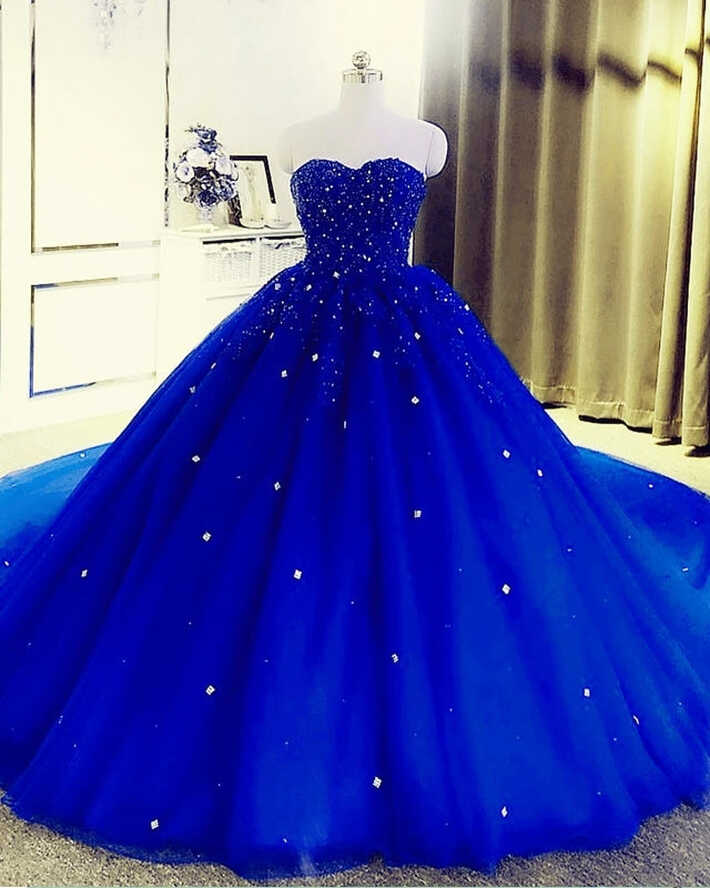 2024 Crystals Royal Blue Prom Dresses Ball Gown Beaded Sweetheart ...