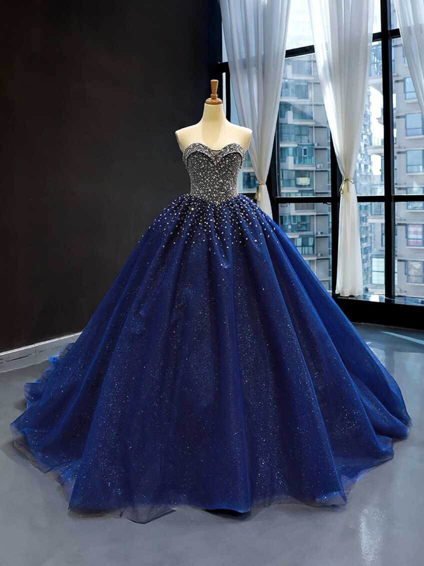 2024 Crystals Sequined Navy Blue Quinceanera Dresses Ball Gown ...