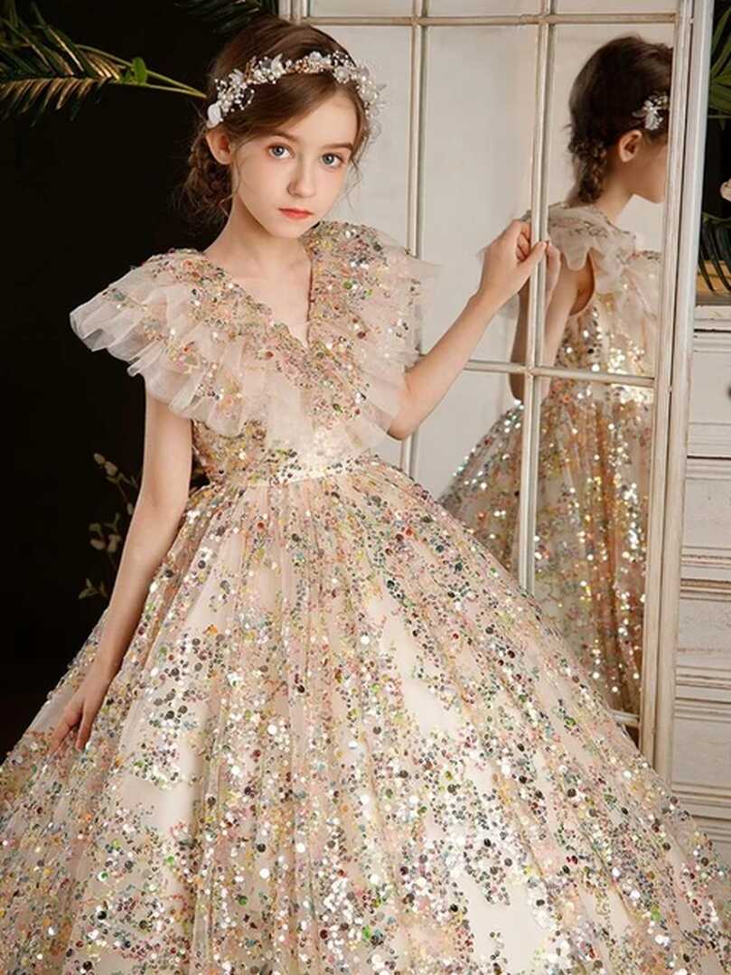 2024 Evening Dress for Teens Girls Baby Girls Sequined V-neck Long ...