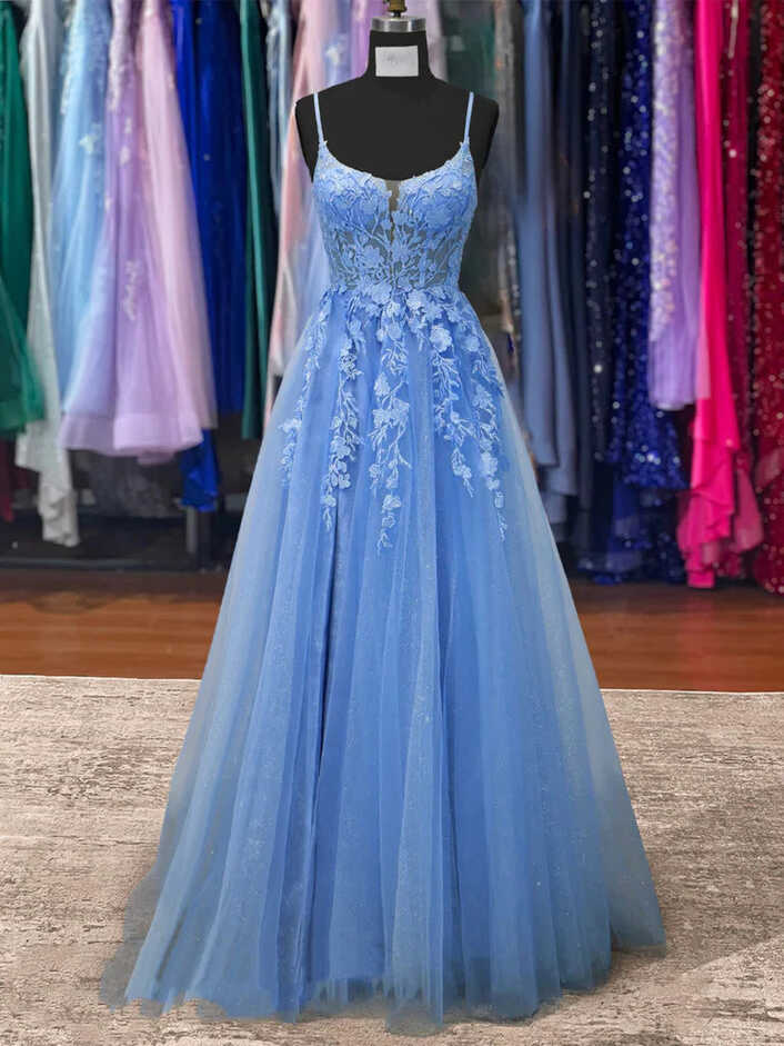 2024 Lace Blue Prom Dresses V Neck Long Formal Dresses Open Back ...