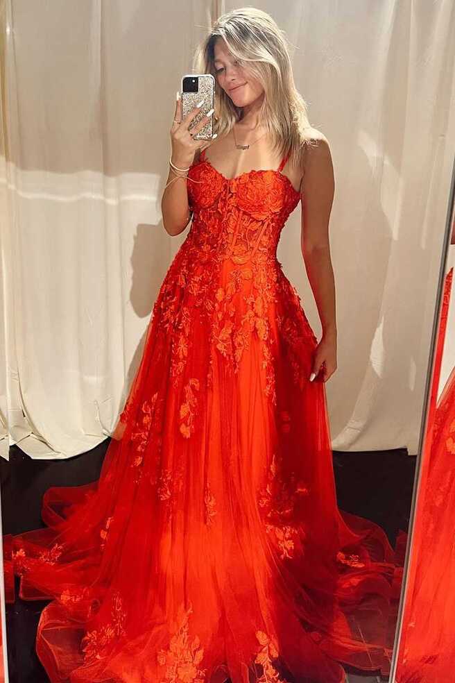 2024 Lace Red Formal Dress Corset Long Straps Evening Dress ...