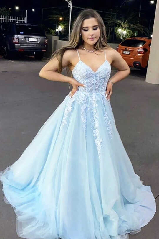 2024 Light Blue Prom Dresses V Neck Appliques Lace Evening Dress ...