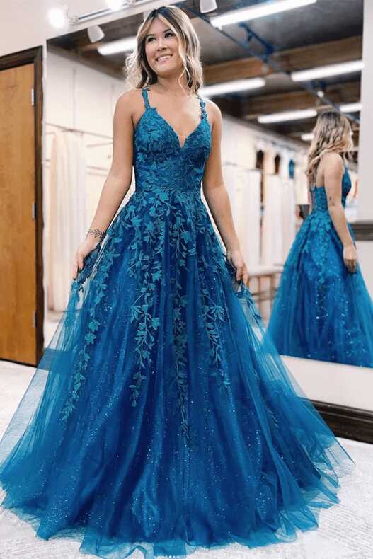 2024 Long Blue Lace Prom Dresses V Neck Formal Evening Dresses ...