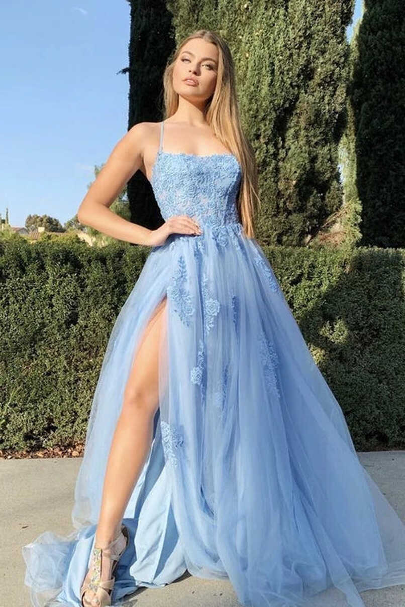 2024 Long Light Blue Prom Dress Backless Floral Lace Formal ...