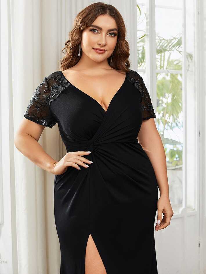 2024 Plus Size Short Sequin Sleeve Deep V-neck Mother of the Bride ...