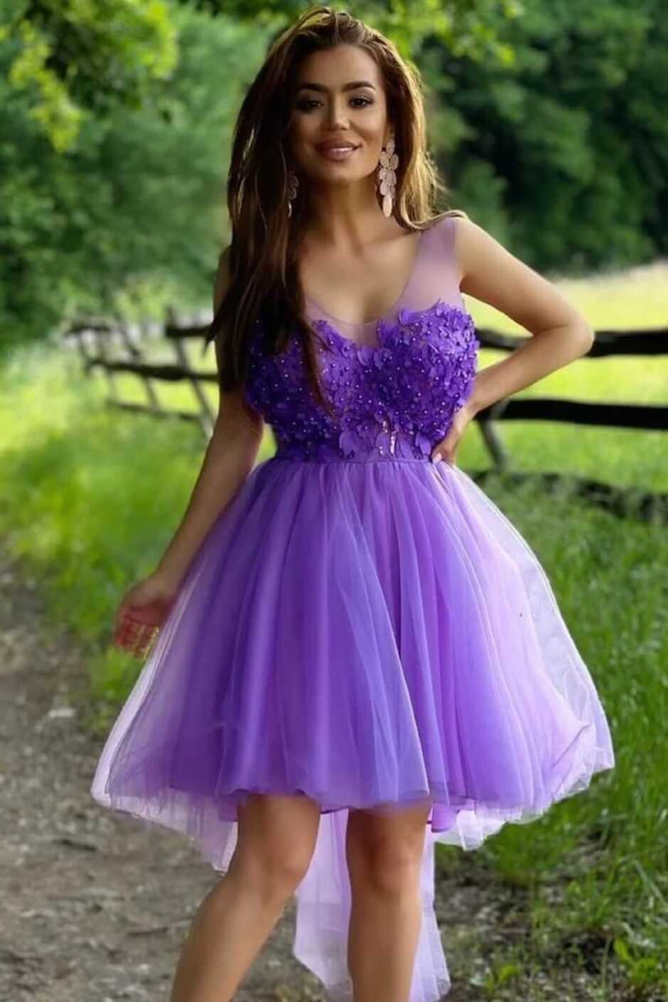 2024 Purple Short Homecoming Dress Hi-Low Flowers V Neck Hoco ...