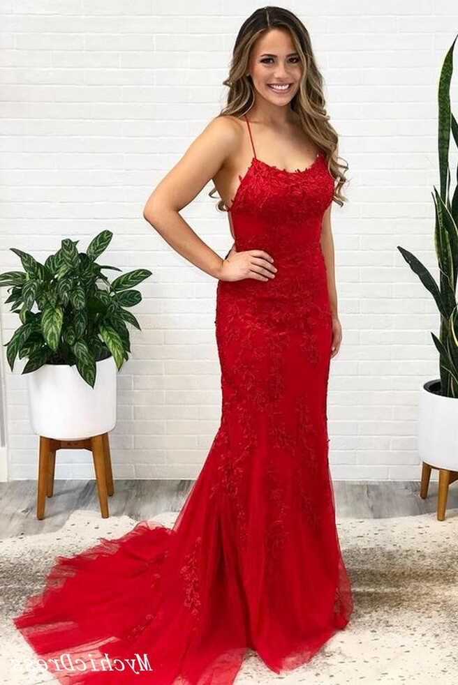 2024 Red Lace Prom Dresses Long Spaghetti Straps Cross Back ...