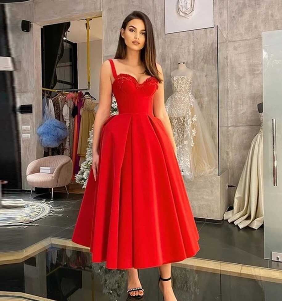 2024 Red Soft Satin Evening Dresses Spaghetti Straps Sweetheart ...