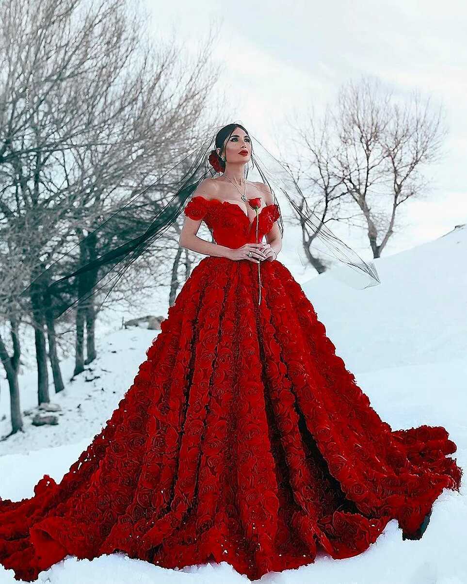 2024 Red Wedding Dress With 3D Rose Flowers, Cathedral Train, Off ...