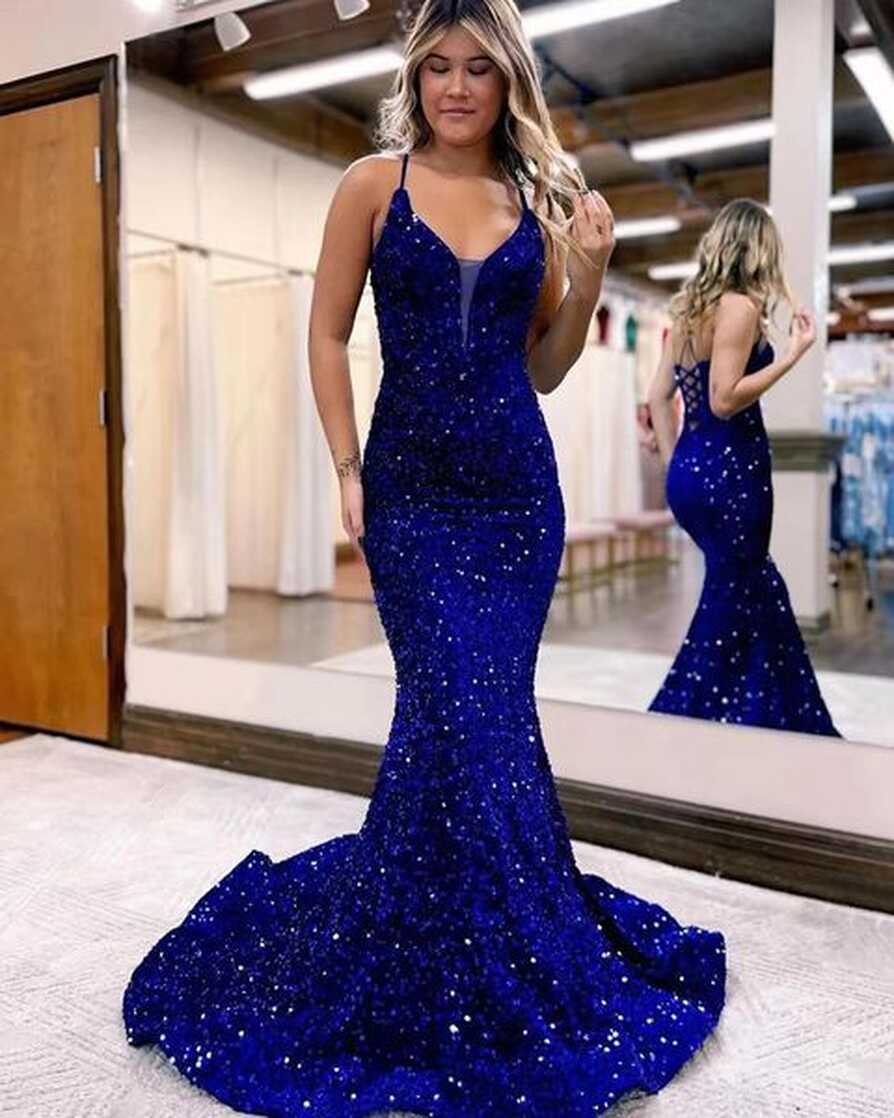 2024 Royal Blue Sequin Prom Dresses V-Neck Tight Long Formal ...