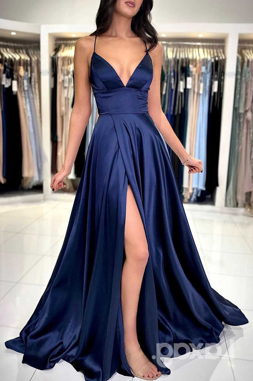 22060 - A Line V neck Simple Elegant Long Formal Prom Dress with ...