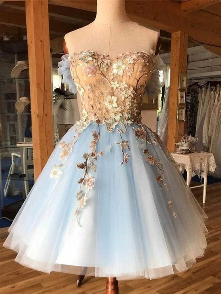 3D Floral Lace Blue Short Prom Dresses, Blue Lace Formal ...