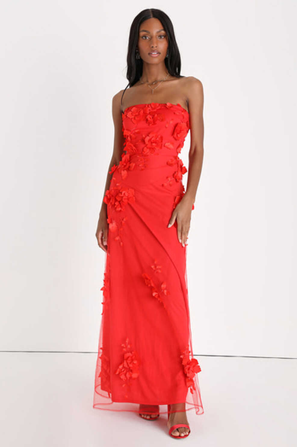 3D Floral Maxi Dress - Red Floral Prom Dress - Strapless Dress - Lulus