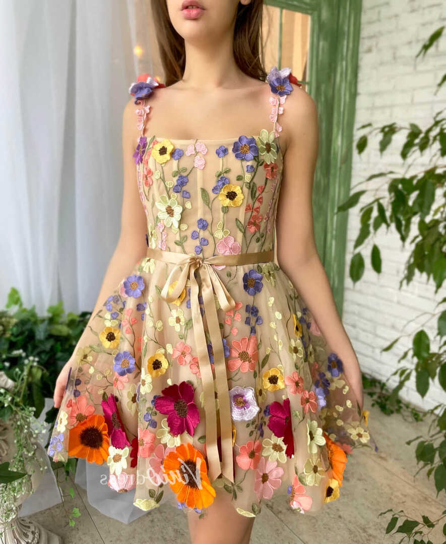 3D Flower Cocktail Dress A-line Short Floral Prom Dress FD2900B ...