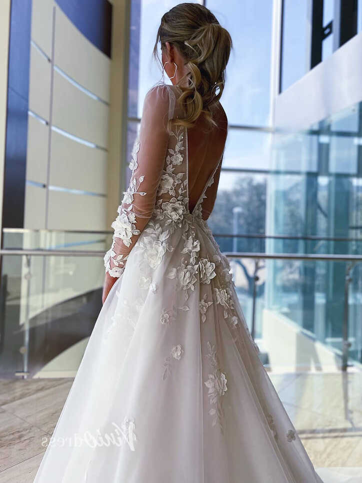 3D Flower Modern Wedding Dresses Backless Long Sleeve Wedding Gown ...