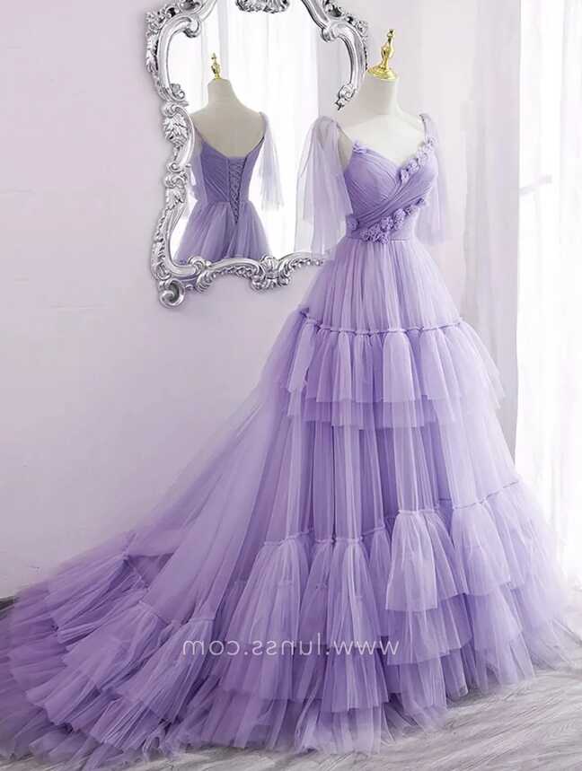 3d Flowers Lavender Tulle Tiered Princess Formal Dress - Lunss