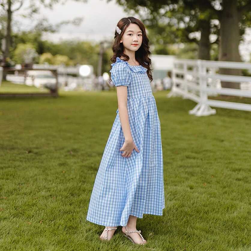 4 to 18 years kids teenager girls summer plaid cotton casual maxi ...