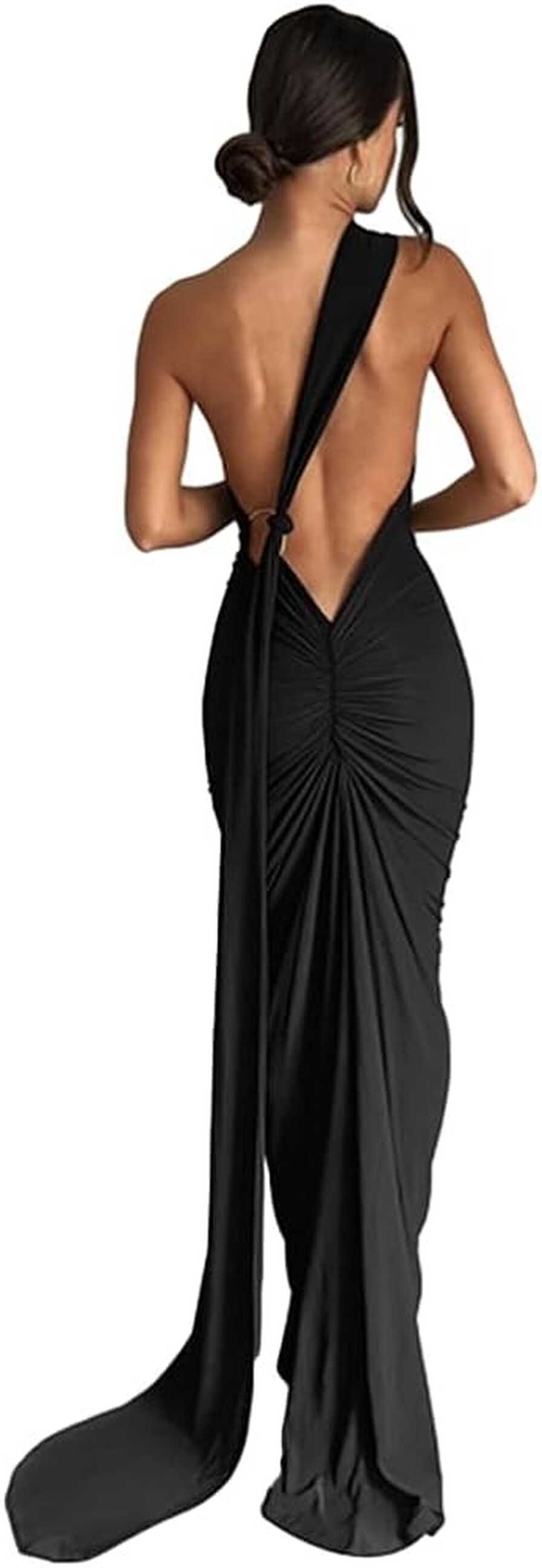 4UFIT Women&#39;s Sexy One Shoulder Open Back Maxi Dress Ruched O Ring ...