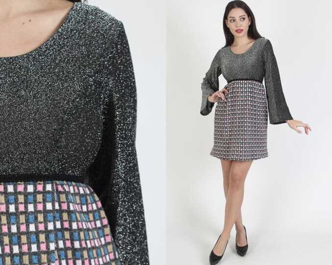 60s Silver Metallic Bell Sleeve Micro Mini Dress, Vintage Mod ...