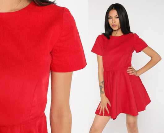 80s Mini Dress Red Corduroy Dress Fit and Flare Short Sleeve High ...