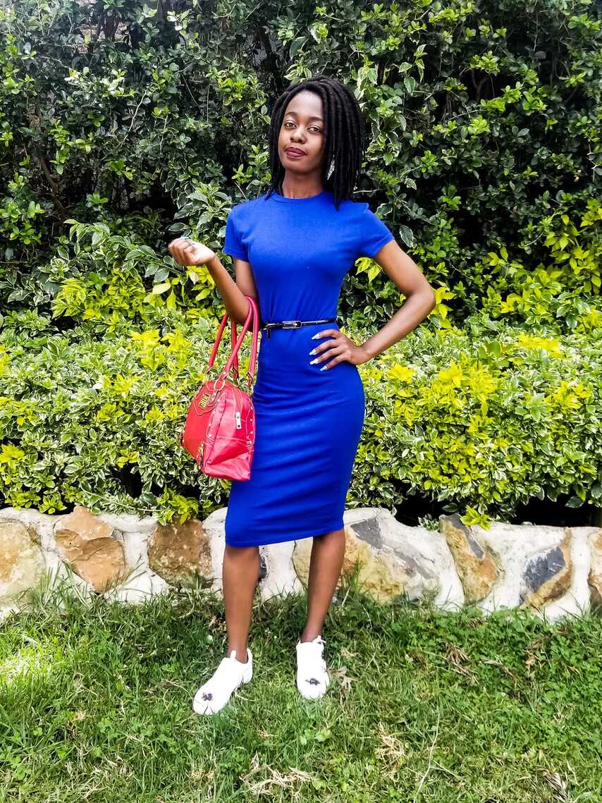 A Blue Bodycon Dress With Sneakers Outfit