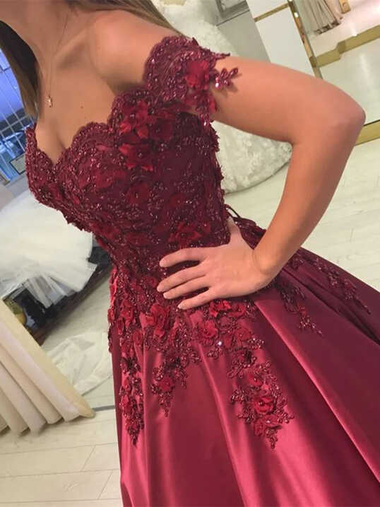 A Line 2024 Burgundy Lace Prom Dress Off the Shoulder Long Formal ...