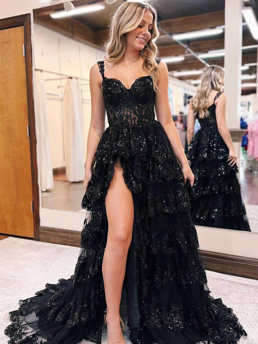 A Line Black Lace 2024 Prom Dresses Tiered Sequins Off the ...