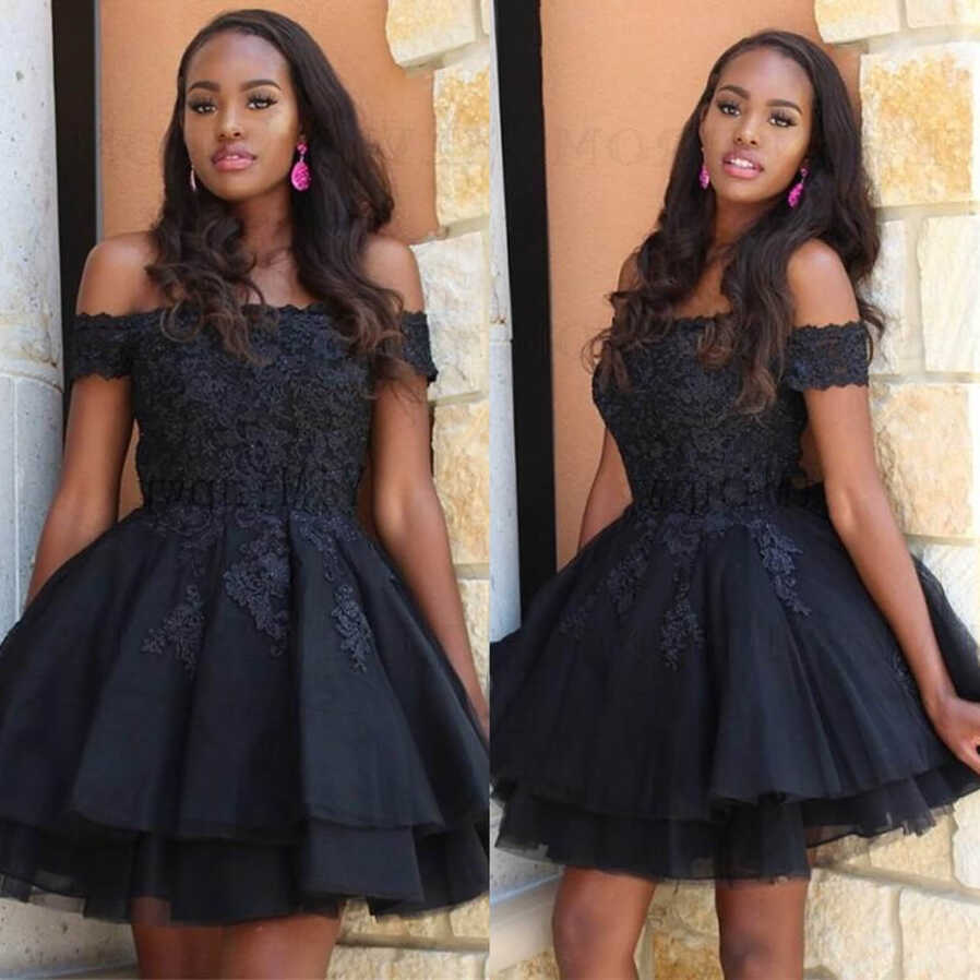 A Line Black Short Homecoming Dresses Lace Off the Shoulder Damas ...