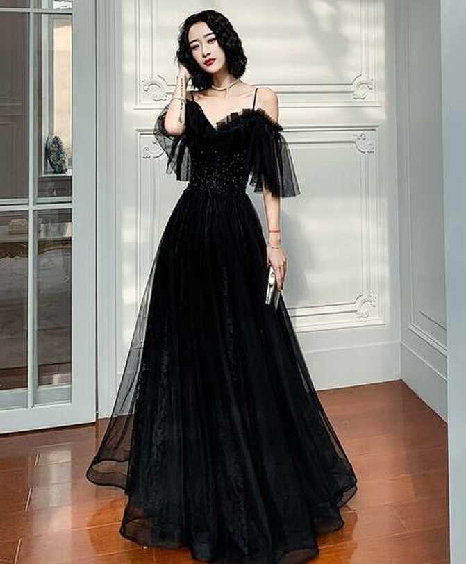 A Line Black Tulle Lace Long Evening Dress Us8