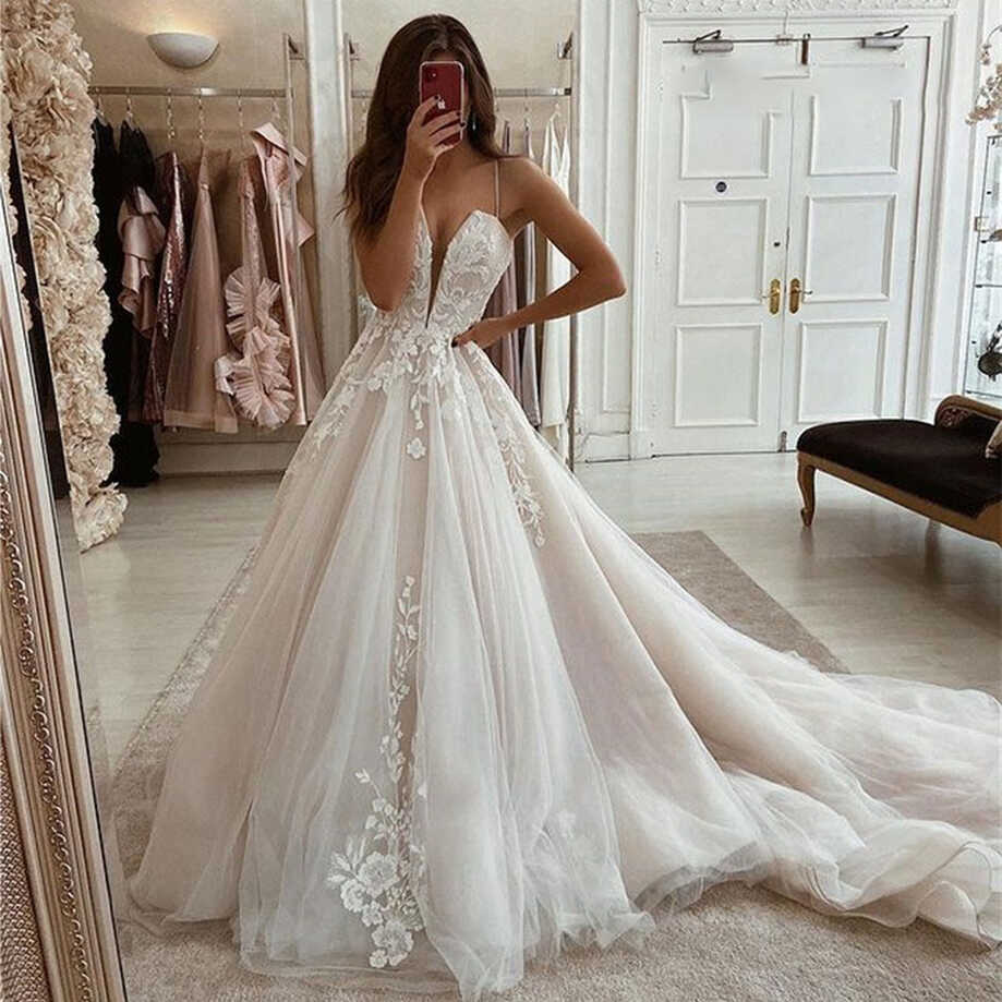 A-Line Boho Wedding Dress V-Neck Straps Appliqued Lace Bridal ...