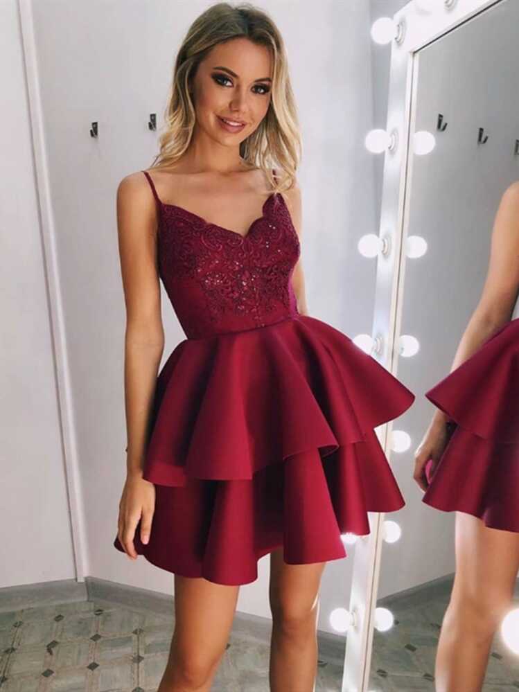 A Line Burgundy V Neck Lace Short Prom Dress, Burgundy V Neck Lace ...