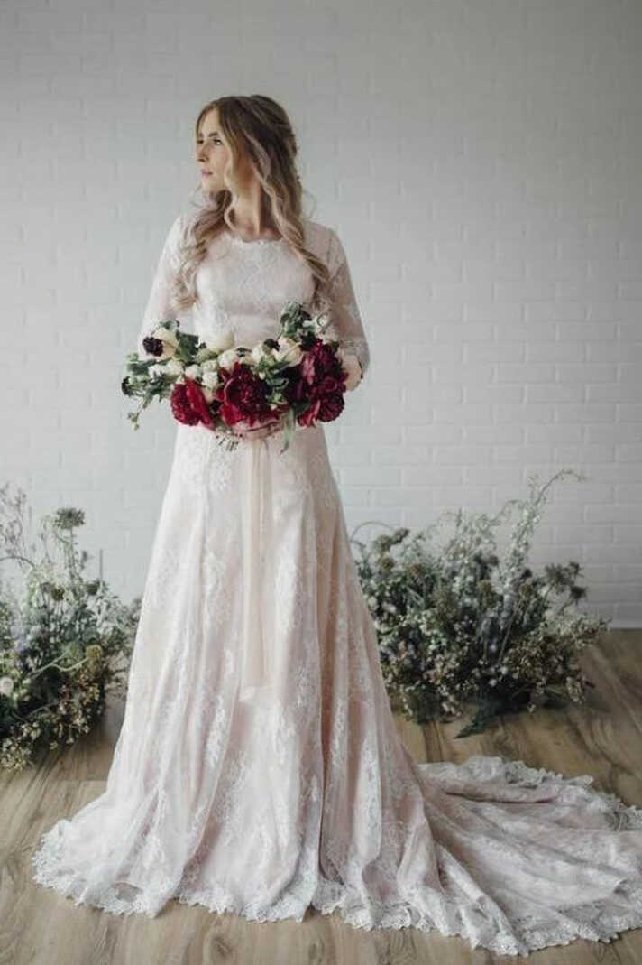 A Line Cheap Long Sleeve Lace Wedding Dresses 2020 - Bridelily