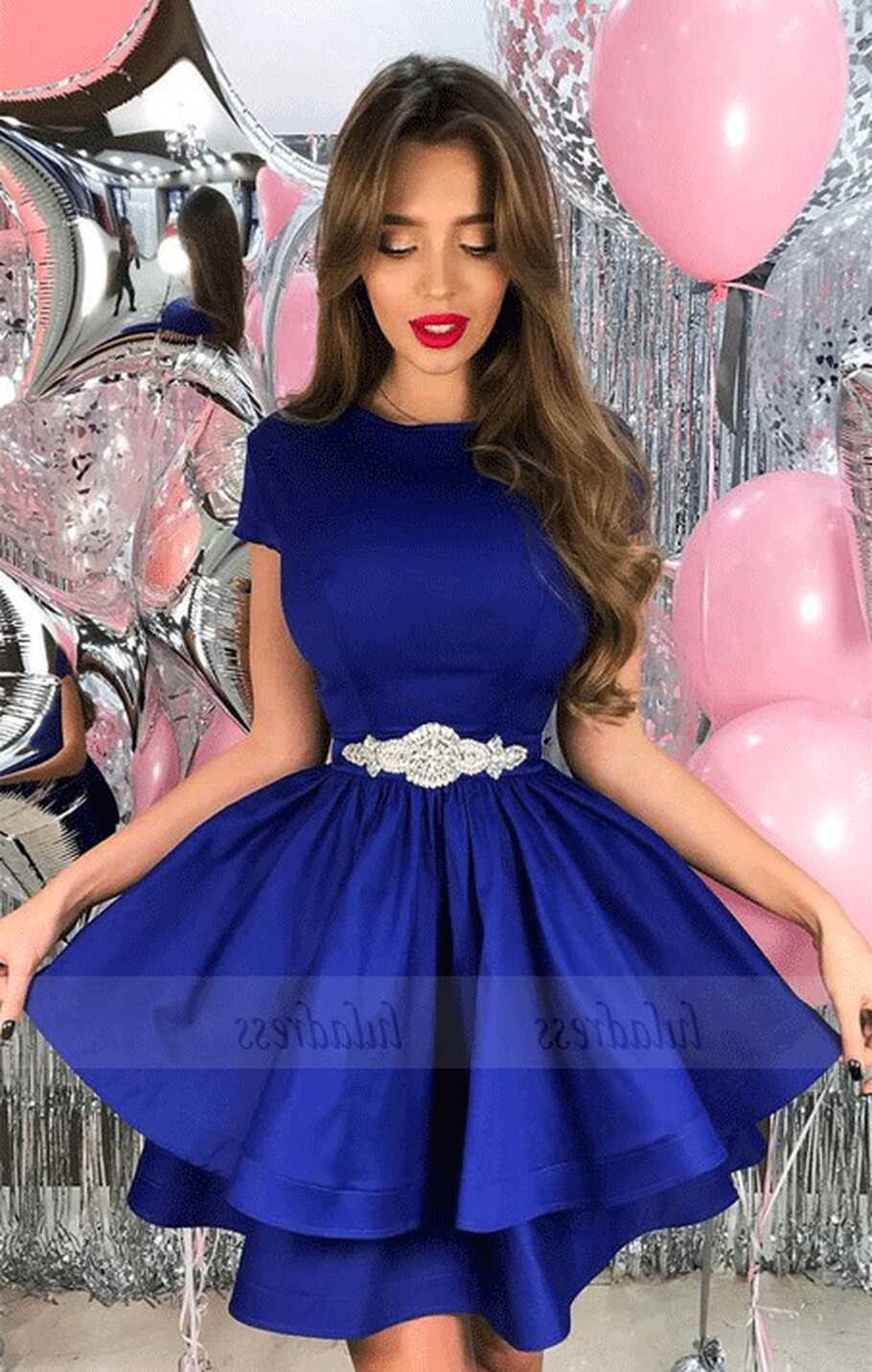 A-Line Crew Short Royal Blue Tiered Satin Homecoming Dress with ...