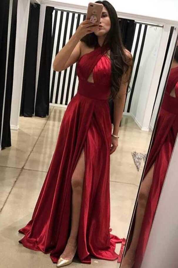 A-Line Cross Neck Floor-Length Dark Red Prom Dress with Split ...