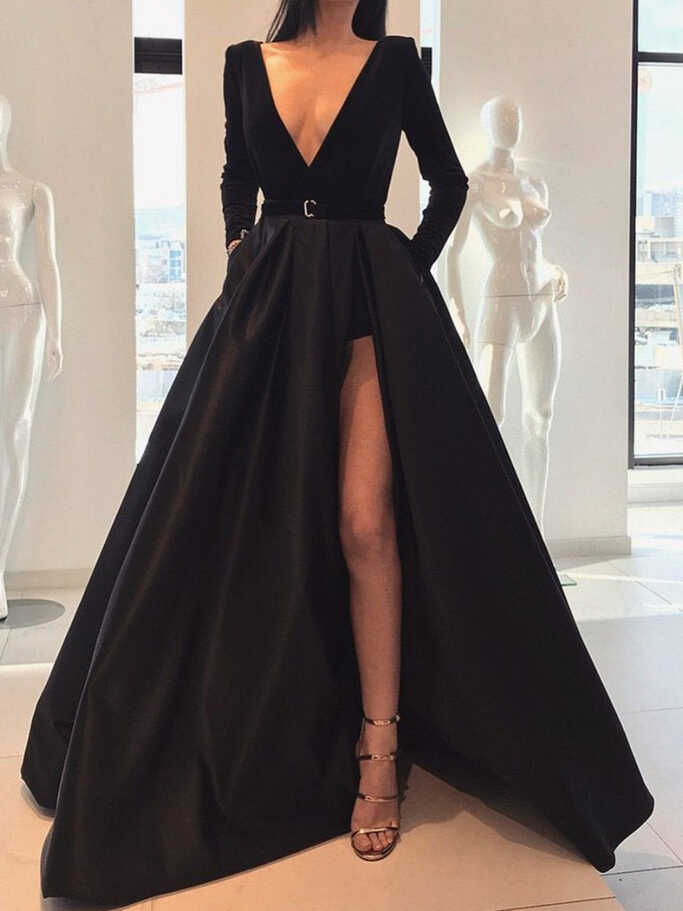 A Line Deep V Neck Black/Burgundy Long Sleeves Satin Prom Dresses ...